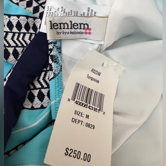 NWT Lemlem turquoise navy white tribal stripe belted swimsuit size medium - Picture 12 of 16